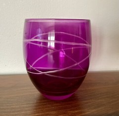 Set Of 4 Etched Glass Magenta Lowball Tumbler Tall Drinking Glasses