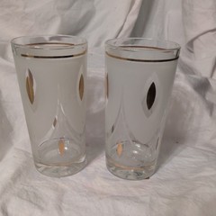 7 VTG Mid Century Modern Gold White Frosted Glasses Highball Tumblers