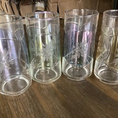 Set Of 4 VTG Flower Etched Tumblers Clear With A Hue Of Color 6” T 2.5” W