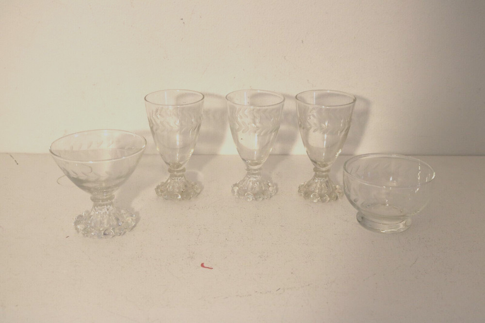 ANCHOR HOCKING LAUREL GRAY CUT Juice Wine Sherbet Champagne Glasses Dessert Bowl