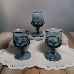 Vintage Set 3 Indiana Glass Riviera Blue Kings Crown Thumbprint 4⅜» Goblets 4oz