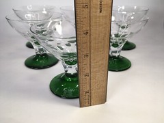 Six MCM Clear Tulip Etched Crystal Bowls W/Green Base Champagne Martini Glasses