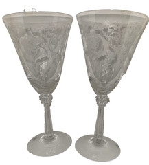 2 Vintage Floral Etched 9-Ounce Crystal 7 1/4″ Tall Water Goblet