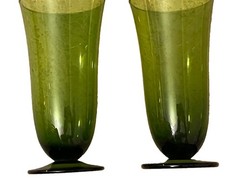 Set Of 2 Vintage 1960s Footed Forest Green Glass Tumblers Flared Top 16 Oz MCM