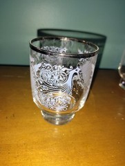 Vintage MCM Set of 4 Silver Ornate Rocks Old Fashion Bar Glasses Set Scroll Ship