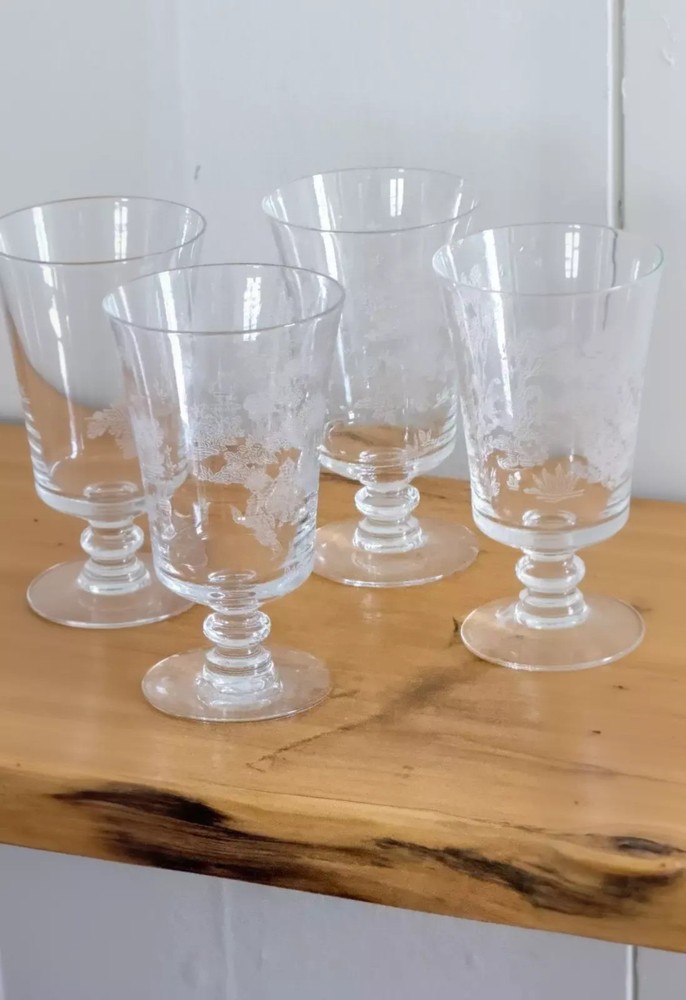 Vintage Fostoria Willow Etch 335 Crystal Footed Glasses Set 6 Chinoiserie