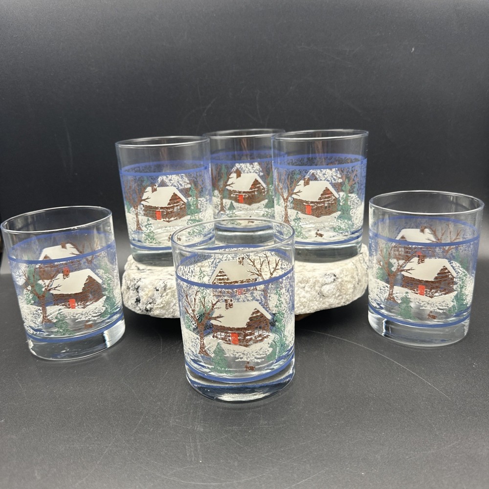 VTG Culver Old Fashioned Log Cabin Winter Scene Barware Rock Glasses Lodge Set-6