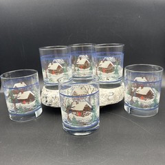 VTG Culver Old Fashioned Log Cabin Winter Scene Barware Rock Glasses Lodge Set-6