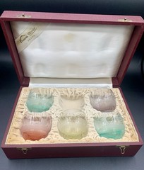 Vintage Moser Bohemia Praha Culbuto Cordial Glasses with Case Birds Of The Wild