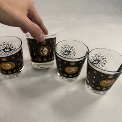 Fred Press Mid-Century Black and Gold Atomic Burst Set Of 6 Glasses