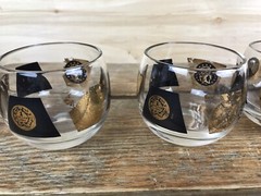 5 Vintage Mid Century Barware Roly Poly Black & 22K Gold Coin Shot Glasses MCM
