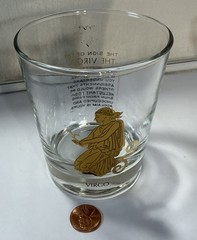 VTG MCM Gold Etching Virgo Zodiac Lowball Bar Glass 4” T