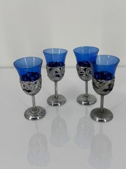 Vintage Cobalt Blue Cordial Wine Glasses Set of 4 Pewter Dragon Stem Goblets