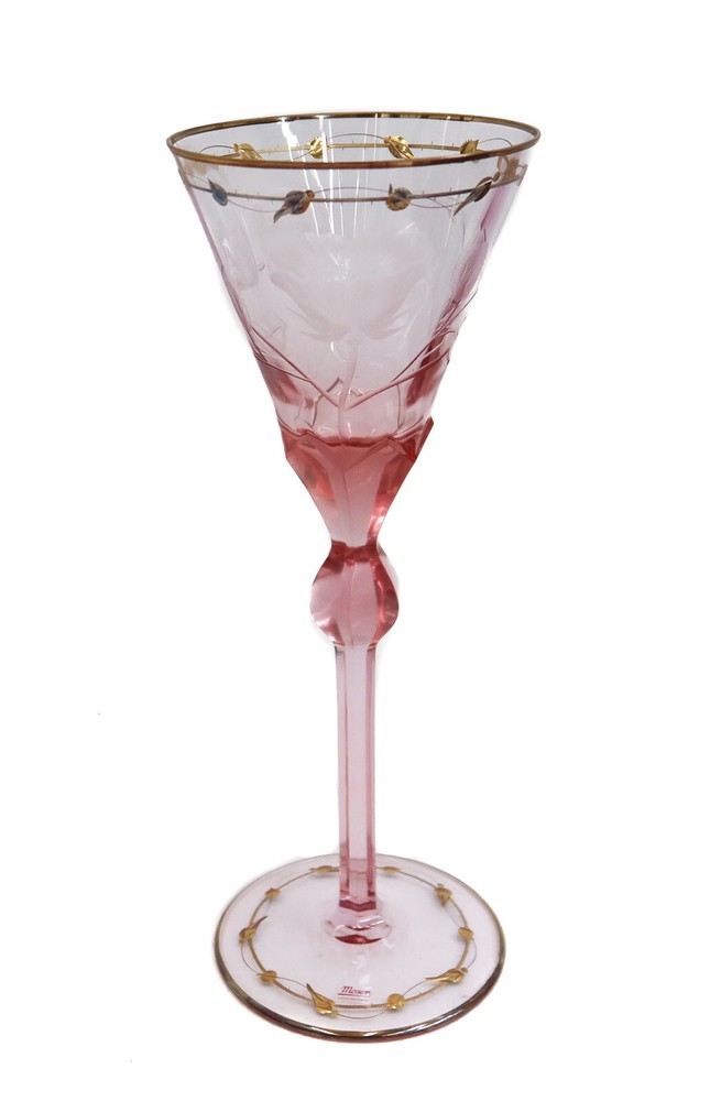 Moser Czech Cut Crystal Glass Water Goblet in Paula Cranberry Pink and Gilt