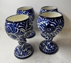 Blue & White Handpainted Talavera Mexican Pottery Wine Cups/Goblets Set of Four