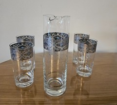 CULVER SORRENTO Vintage MCM Filigree Turquoise Pitcher & 4 Highball Glasses Set