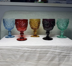 Vintage Madonna Inn Wild Rose Goblets Set of 5 Assorted Colors Pressed Glass 5″