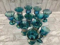 VTG Indiana Carnival Glass Harvest Grape Iridescent Blue Goblets 12pc Set