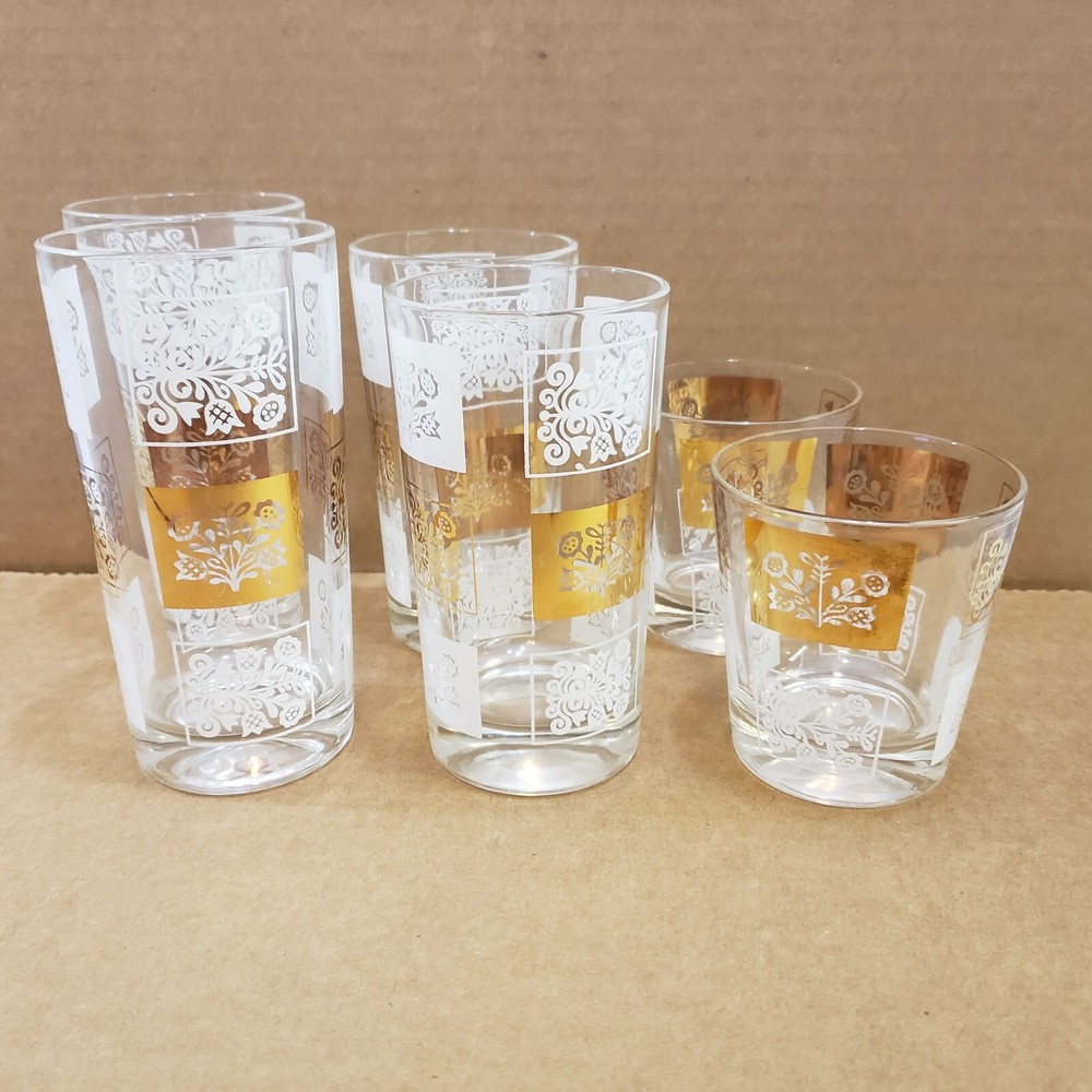 Glass Tumblers Set 6 Gold White Geometric MCM Barware Glasses Vintage 3 Sizes