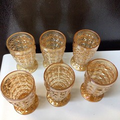 6 Vintage Jeannette Marigold Amber Iridescent Juice Glasses 4oz -Gold