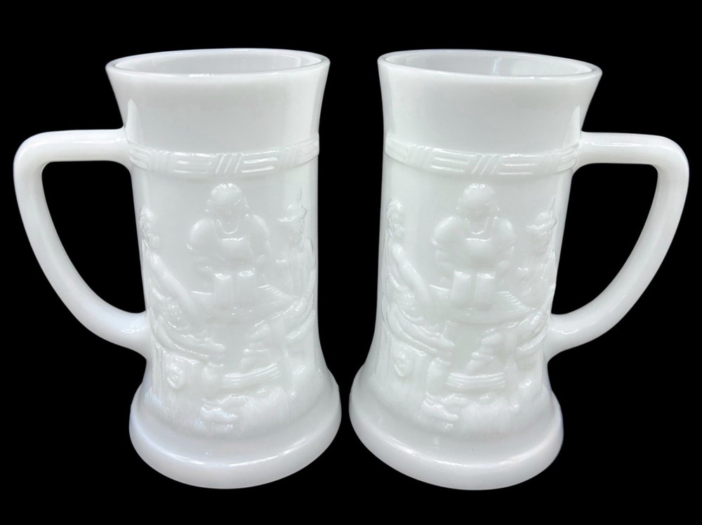 Set of 2 Vintage Federal Milk Glass Beer Mug Tankard Stein White Bar Tavern 10oz
