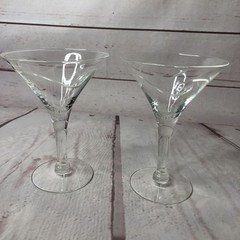 2 Etched Glass Martini Glasses Swirl Dot Dimples Cocktail Barware Stemware Pair