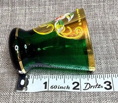 Murano Emerald Green Cordial Glass Gold Gilding and Enamel Flowers 5 pc Set