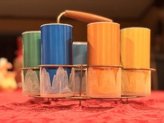 Retro Vintage 60-70s Aluminum/Ceramic MCM 8 Piece Tumbler Set w/Carrier Ex Cond