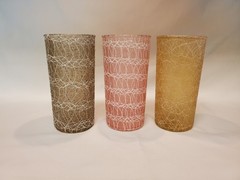 Vintage MCM Set Of 3 Spaghetti String Glasses Gray Pink Yellow