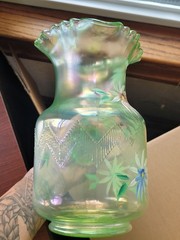 Hand Painted Ice Green Fenton Carnival Glass Enameled Shasta Daisy Pitcher