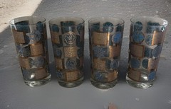 Vintage Set Of 4 CULVER CARNIVAL Design Gold And Turquoise Highball Glasses