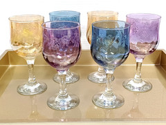 Multicolor Etched Scroll Wine Glasses 6-5/8″ Water Goblets Set of 6
