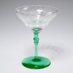 Vtg Deco Etched Green Vaseline Martini Champagne Wine 4 Glasses Iris Apfel Lot B