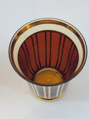 VTG MCM Art Deco Czech 3 Cocktail Glasses Gold Stripes Modernist Dark Amber Red
