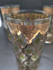 3 Vintage Culver Glass Valencia High Ball Glass 22k Gold Green MCM Barware EVC