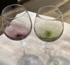 Pier 1 – 8 5/8” Lg Wine Glasses. 1 Purple Crackle and 1 Green Crackle!