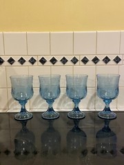 Anchor Hocking Savannah Blue Glass Iced Tea Water Goblet Embossed Roses Set of 4