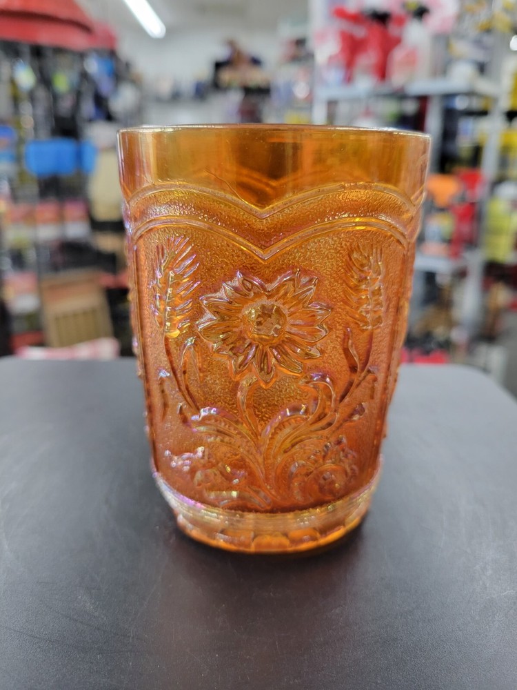 Vintage Imperial Marigold Carnival Glass Field Flower Tumbler
