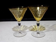 SET OF 2- RARE TIFFIN ARCADIAN TOPAZ YELLOW ETCHED BASKET 5 5/8″ WINE GLASSES