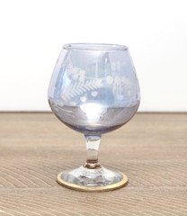 Etched Blue Glass Brandy Cordial Snifter Floral Gold Trim