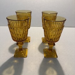 Set of 4 Vintage Mt Vernon Indiana Amber Glass Water Goblets Glasses Square Base