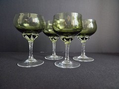 Vtg Sasaki Coronation Green Crystal Wine Glasses (4) Twisted Stem #1
