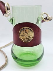 Vntg Blown Green Glass Leather Hands Free Cocktail Beer Tumbler Lanyard w/Image