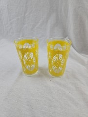 2pc Set Hazel Atlas Vintage MCM Yellow Sunburst Starburst Tumblers Glasses 5″
