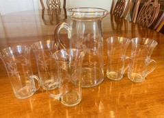 Set of 5 Vintage Floral Etched Glass Handled Glasses 5 1/2″, and Pitcher 9”