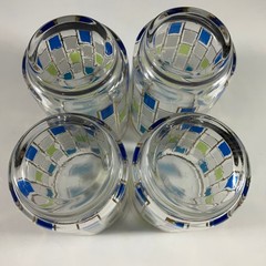 Libbey Glass Nordic 10 oz Flat Tumbler Blue Green & White Gold Trim Set of 4 VTG