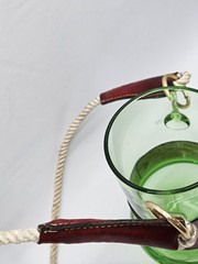 Vntg Blown Green Glass Leather Hands Free Cocktail Beer Tumbler Lanyard w/Image