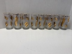 8 Vintage MCM Libbey Gold Colored Leaf Frosted Foliage Glasses. 5-1/2” Tall