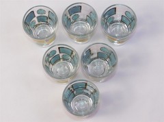 6 Pcs Vtg Culver Carnival MCM Turquoise And 22k Gold Medallions Shot Glasses