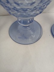 4 Vintage Villeroy & Boch Boston Blue Glass Footed Embossed Water Goblets NEW